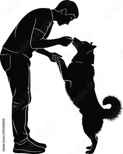 Man training dog silhouette vector illustration, pet owner bonding with puppy, animal obedience and friendship concept isolated on white background