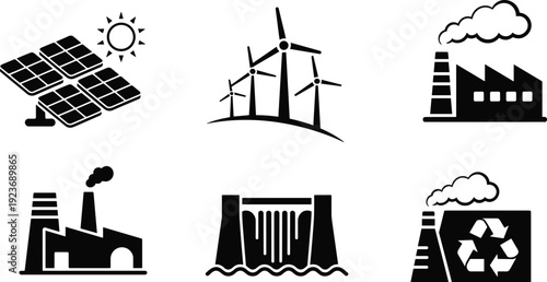Renewable energy and industrial power icon set, solar wind hydro factory recycling symbols, sustainability electricity concept, black vector illustration design