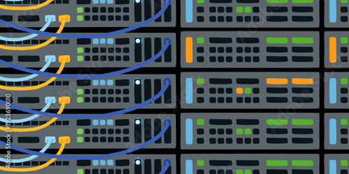 Data center server infrastructure with cooling system network cables and cloud storage technology vector illustration set isolated on black background