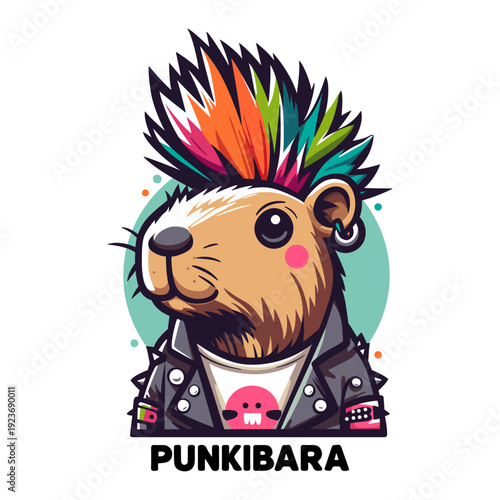 Capybara rocker with a bright mohawk and a leather jacket.
