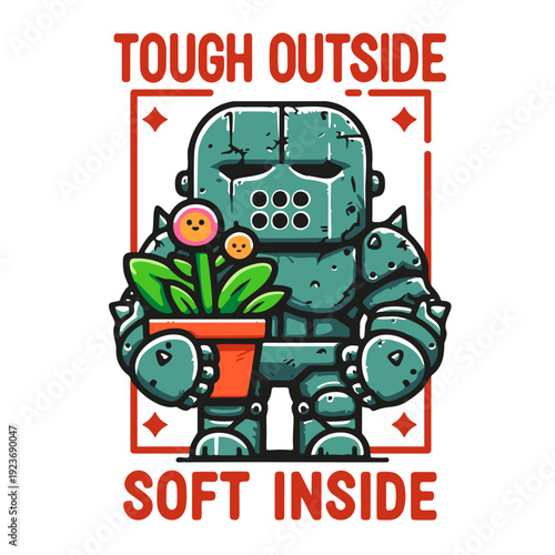 A brutal-looking robot holds a potted flower. Color illustration in flat vector style.
