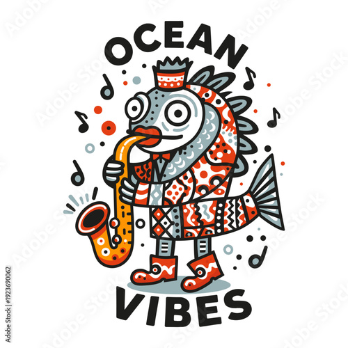 A strange fantasy fish with a crown on its head plays the saxophone.