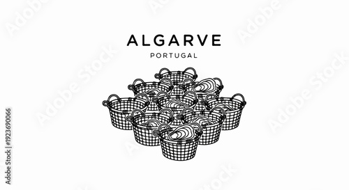 Sketch of a pile of wire baskets filled with oysters, with text above