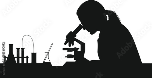 Scientist working in laboratory silhouette, researcher using microscope with glassware, scientific research analysis concept, black vector illustration, education, technology, innovation