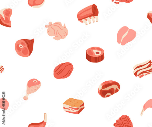 Cartoon meat. Fresh meat products. Culinary, grocery raw pork, beef steaks, chicken, turkey, sausage, bacon, pork belly, ham, poultry, ribs. Meat market vector seamless pattern