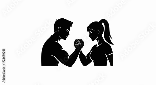 Silhouette of a muscular man and a woman in a tense arm-wrestling match