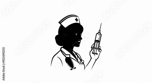 Silhouette of a nurse in uniform, holding a syringe, with a stethoscope around neck