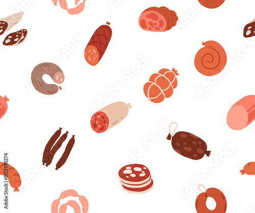 Meat products. Vector seamless pattern, steak, salami, pork, chicken, chorizo, ham, bbq frankfurters sausages, pepperoni. Meat market, butchery menu, shop products, grill bar. Barbecue delicatessen