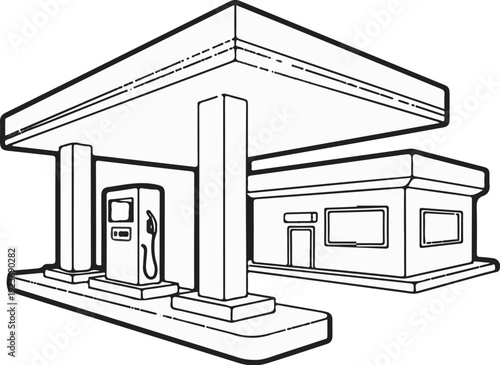 Simple line drawing of a gas station with a canopy and convenience store