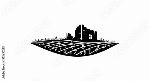 Silhouette of ruined building in field of flowers, stylized design