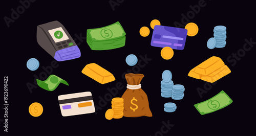 Money and Finance Icon Set - Cash, Credit Cards, Coins, Gold Bars, Payment Terminal. Flat Vector Illustration for Business, Banking, Investment, Savings. Isolated Elements on white background