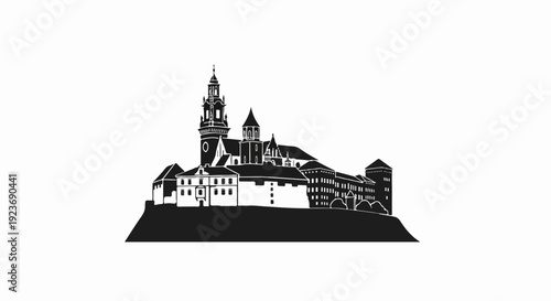 Silhouette of a majestic castle complex atop a hill, detailed with spires and windows