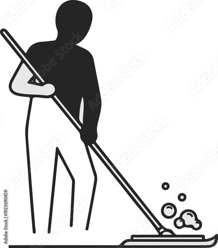 Silhouette of a person mopping a floor with bubbles