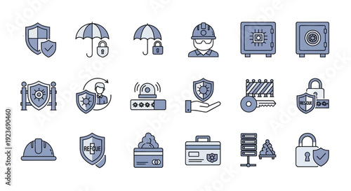 Collection of security and protection related icons in blue tones