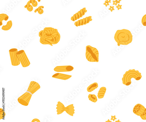 Seamless pattern with different pasta types. Vector illustration of cute elements in flat cartoon style