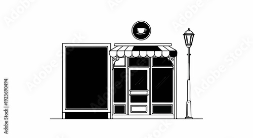 Simple line drawing of a storefront with a sign, awning, and street lamp