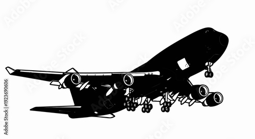 Silhouette of a jumbo jet with landing gear extended against a white background