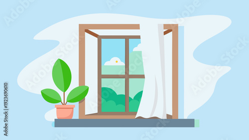 Open window with white curtain and potted plant on windowsill, bright home interior in flat illustration style