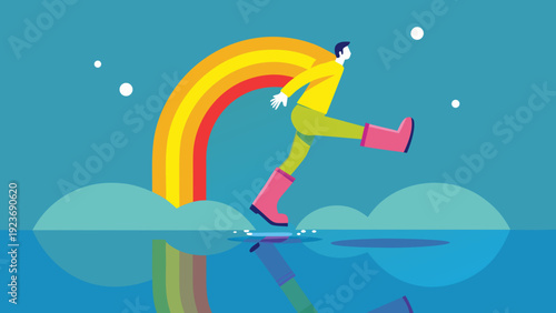 Person jumping over puddle in bright yellow rain boots with rainbow background, playful high energy composition in flat vector minimalist style