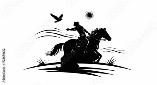 Silhouette of a horseman and eagle against a sun