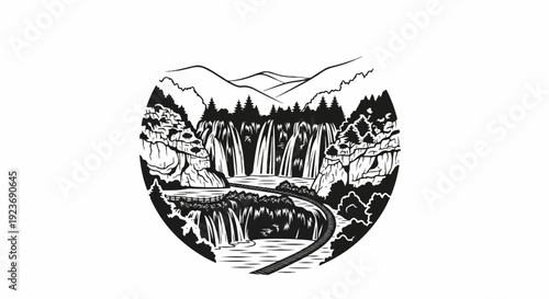 Scenic black and white illustration of cascading waterfalls and a winding path