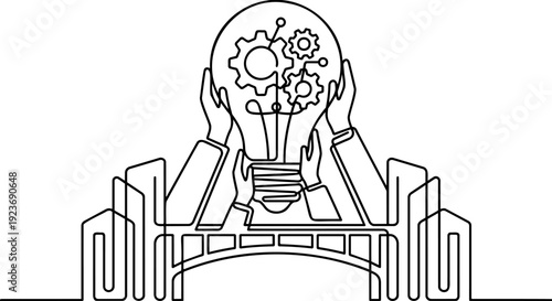 Black and white continuous line art vector illustration of a corporate teamwork and innovation concept featuring multiple hands supporting a lightbulb with gears inside, above a bridge and city skylin