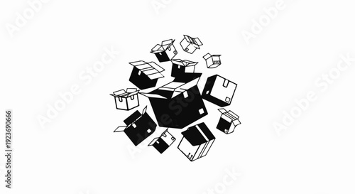 Scattered open and closed cardboard boxes in a dynamic composition