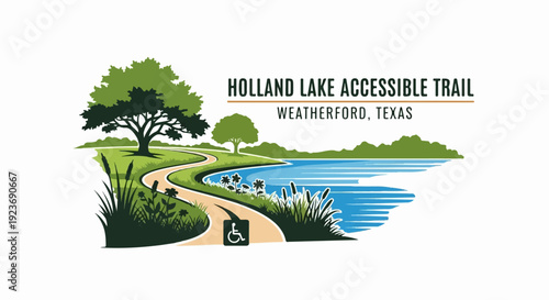 Scenic accessible trail winds beside a calm lake and green trees