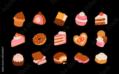 Sweet desserts and pastries vector set with cakes, cupcakes, ice cream, dubai chocolate, donuts and bakery treats in flat cartoon illustration style for menu, packaging, kids design and food branding