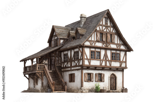 Old european timber framed house isolated on transparent background. Historic timber framed house with steep roof and balcony isolated on white background.