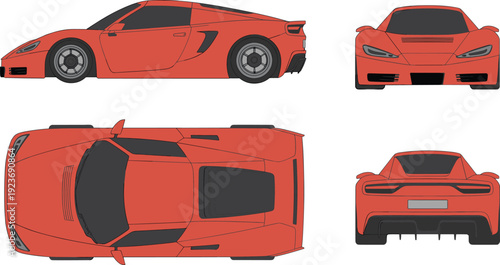 Red sports car illustration showing sleek aerodynamic design from multiple angles including side, front, top, and rear views, perfect for automotive design, branding, and marketing assets