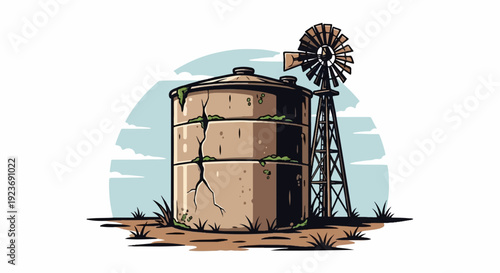 Rustic water tower and windmill stand against a cloudy sky