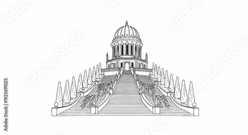 Ornate dome building accessed by grand stairs lined with trees