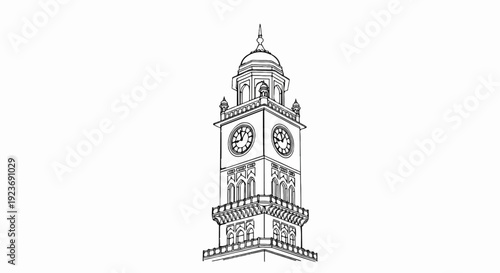 Ornate clock tower with arched windows, balconies, and a domed roof
