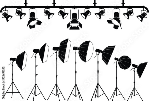 Studio lighting equipment set illustration, stage spotlights and photography softbox lamps