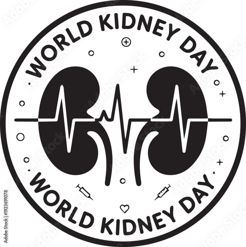 World Kidney Day circular emblem illustration with kidneys ECG line syringes hearts medical awareness campaign vector design