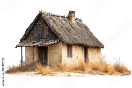 Old rustic thatched roof cottage isolated on transparent background. Old thatched roof mud hut in dry grass isolated on white background.