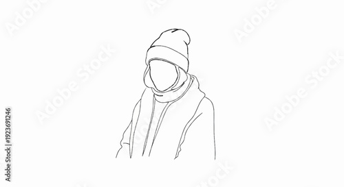 Minimalist line art of a person wearing a beanie and scarf