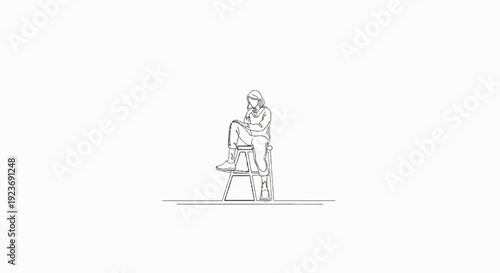 Minimalist line art of a person sitting on a stool, absorbed