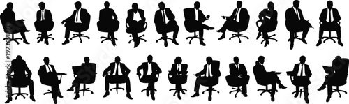 Silhouette illustration of business men seated on office chairs in varied postures and gestures, ideal for workplace design, ergonomics, corporate branding, 