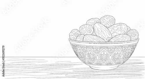 Ornate bowl overflowing with dried dates resting on a textured wooden surface
