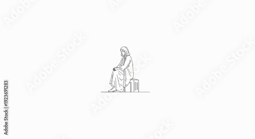 Minimalist line art of a seated figure in robes on a stool
