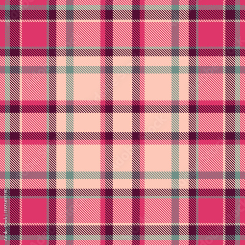 Seamless tartan pattern, perfect for textile design, backgrounds, or digital art. Features intersecting stripes in a warm, inviting color palette. Can evoke a sense of tradition or modern style.