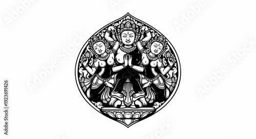 Ornate black and white illustration of a divine figure with attendants in a lotus motif