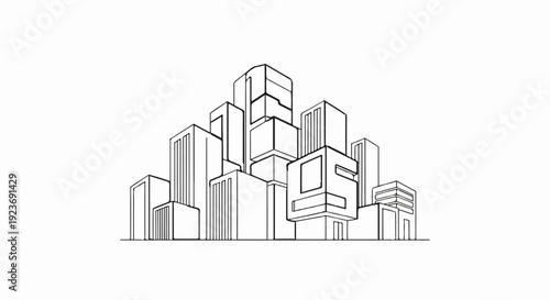 Minimalist line art sketch of a clustered, modern urban skyline