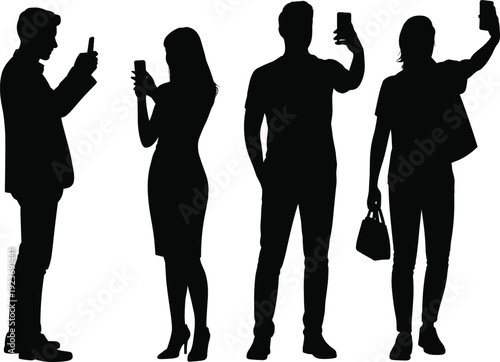 Silhouette illustration of people using smartphones in various poses including selfies, photos, and texting, ideal for technology, lifestyle, social media, and creative projects