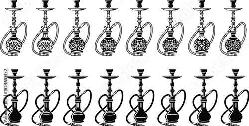 Black vector silhouettes of traditional Arabic hookahs and shisha pipes with ornate patterns, isolated on white background for lounge bar.