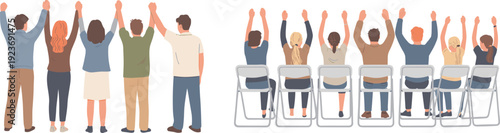 Silhouette illustration of standing and seated groups of people raising hands together, symbolizing unity, community, and collective action, ideal for lifestyle, education, and creative projects
