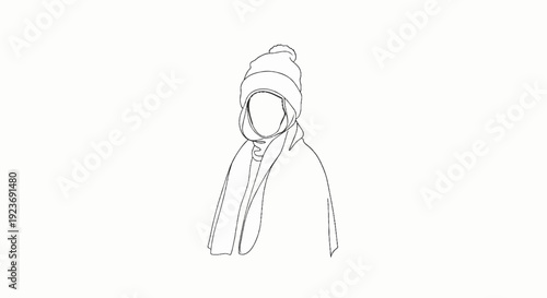 Minimalist line art sketch of a person wearing a winter hat and scarf