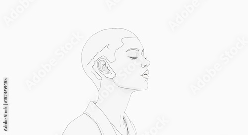 Minimalist line art sketch of a woman with short hair in profile, eyes closed